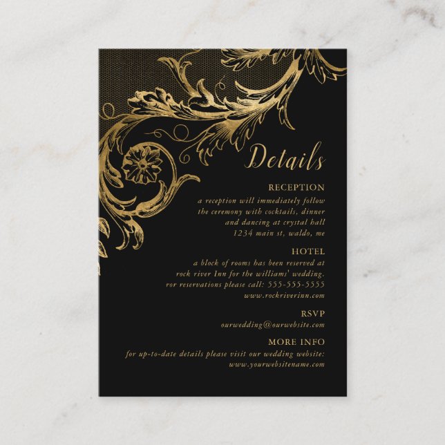 Elegant Black Gold Floral Damask Wedding Details Enclosure Card (Front)