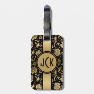 Elegant Black & Gold Floral Damasks 3 Monogramed Luggage Tag