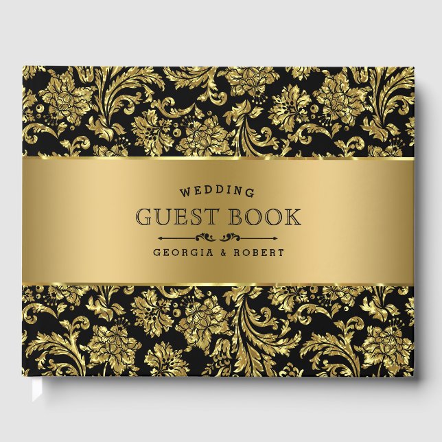 Elegant Black & Gold  Floral Damasks Guest Book (Front)