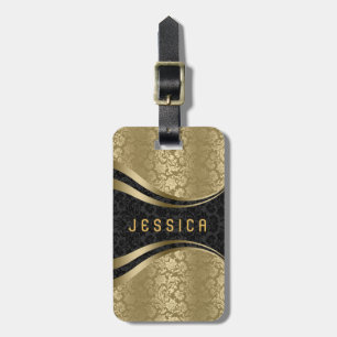Elegant Black & Gold Floral Damasks Pattern 2 Luggage Tag