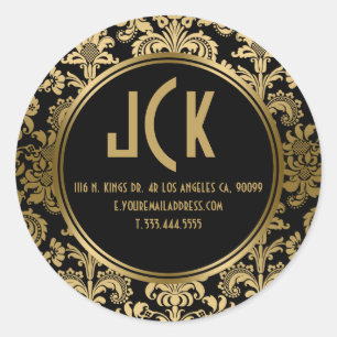 Elegant Black & Gold Floral Damasks Pattern Classic Round Sticker