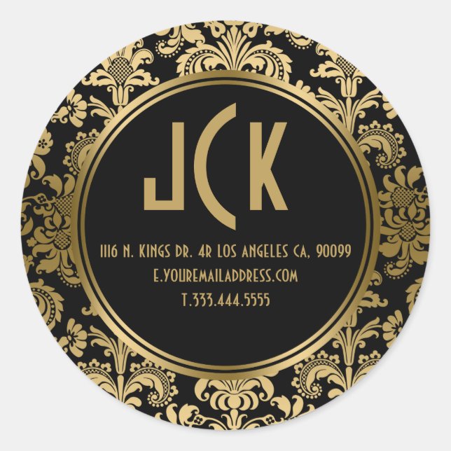 Elegant Black & Gold Floral Damasks Pattern Classic Round Sticker (Front)