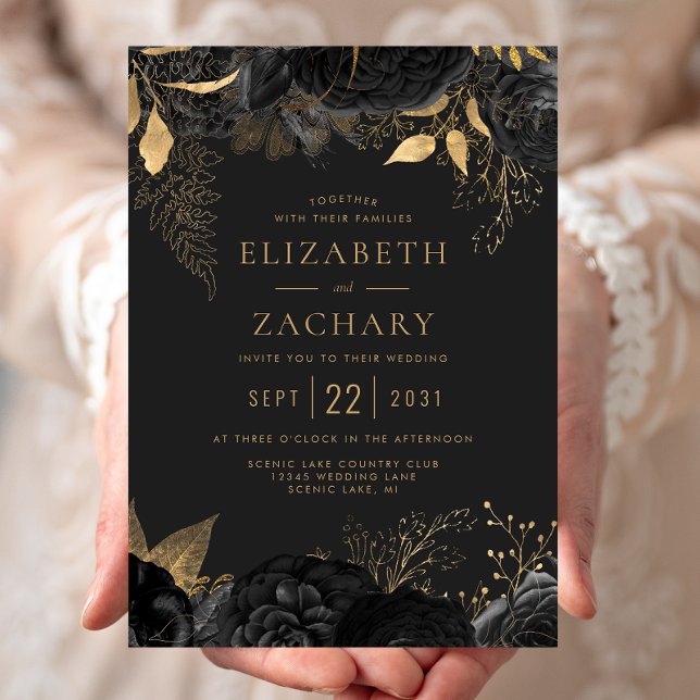 Elegant Black Gold Floral Dark Wedding Invitation (Creator Uploaded)