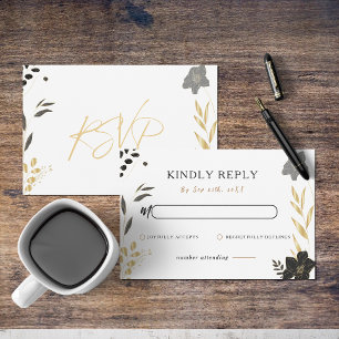 Elegant Black Gold Floral Elegant Wedding RSVP Card
