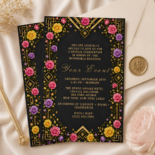 Elegant Black Gold Floral Gala  Invitation