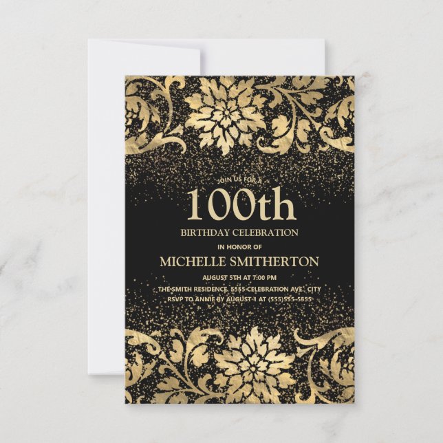 Elegant Black Gold Floral Glitter 100th Birthday Invitation (Front)