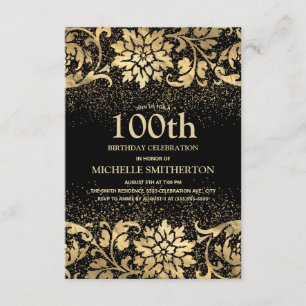 Elegant Black Gold Floral Glitter 100th Birthday Invitation