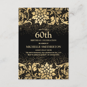 Elegant Black Gold Floral Glitter 60th Birthday Invitation