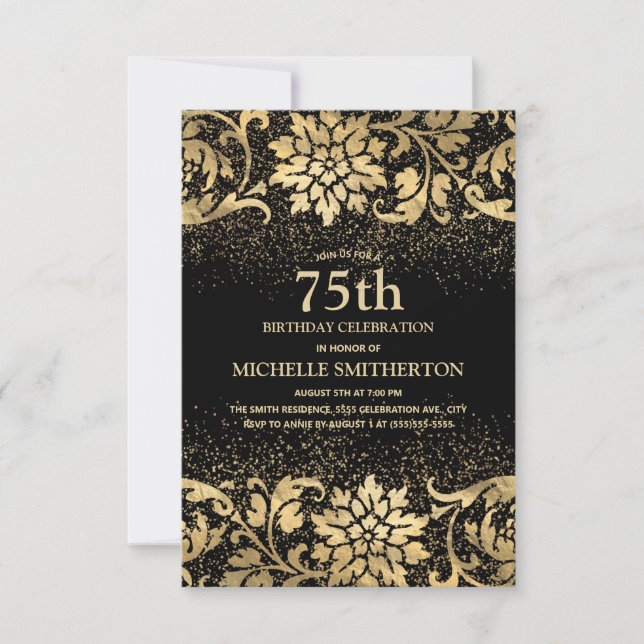 Elegant Black Gold Floral Glitter 75th Birthday Invitation (Front)