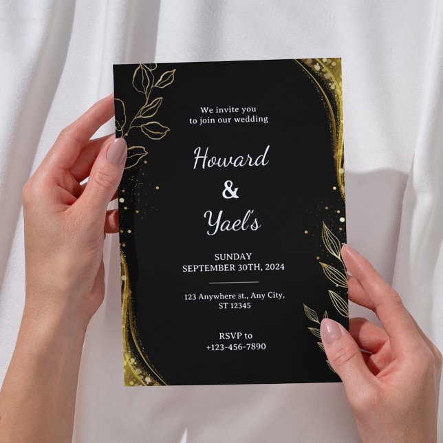 Elegant Black Gold Floral | Leaf Design Wedding Invitation (Creator Uploaded)