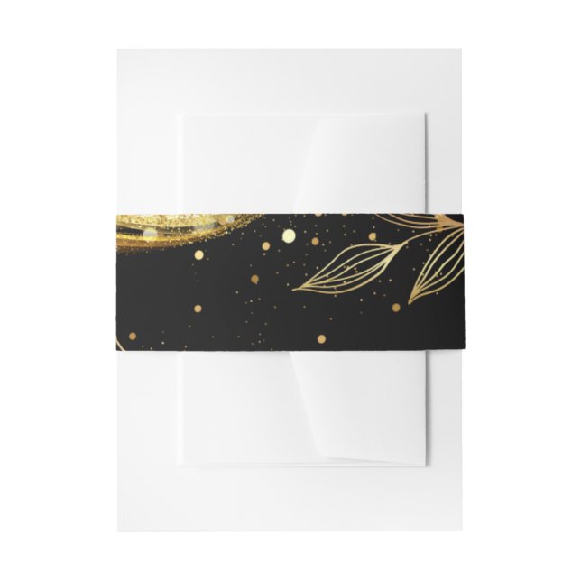 Elegant Black Gold Floral | Leaf Design Wedding Invitation Belly Band (Front Example)