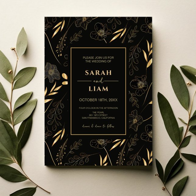 Elegant Black  Gold Floral Luxury Romantic Wedding Invitation (Creator Uploaded)