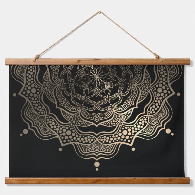    Elegant Black & Gold Floral Mandala Yoga Studio Hanging Tapestry (Front)