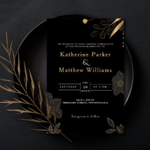 Elegant Black & Gold Floral minimalist Photo  Invitation