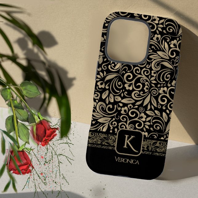 Elegant Black& Gold Floral Monogram Case-Mate iPhone Case (Elegant Black& Silver Floral Monogram Case-Mate iPhone Case)