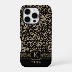 Elegant Black& Gold Floral Monogram iPhone 16 Pro Case