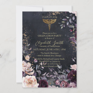 Elegant Black & Gold Floral Nursing Graduation Inv Invitation
