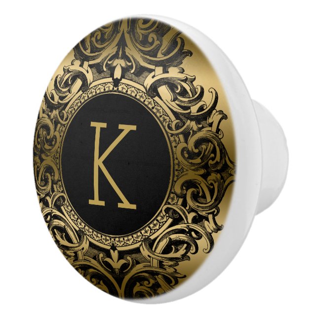 Elegant Black & Gold Floral Ornament Ceramic Knob (Right)