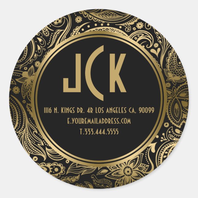 Elegant Black & Gold Floral Paisley Pattern Classic Round Sticker (Front)