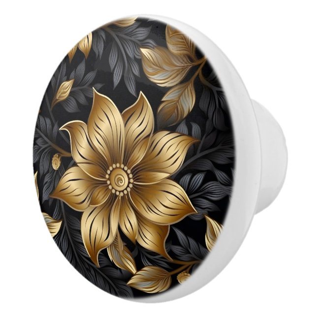 Elegant Black Gold Floral Pattern  Ceramic Knob (Right)