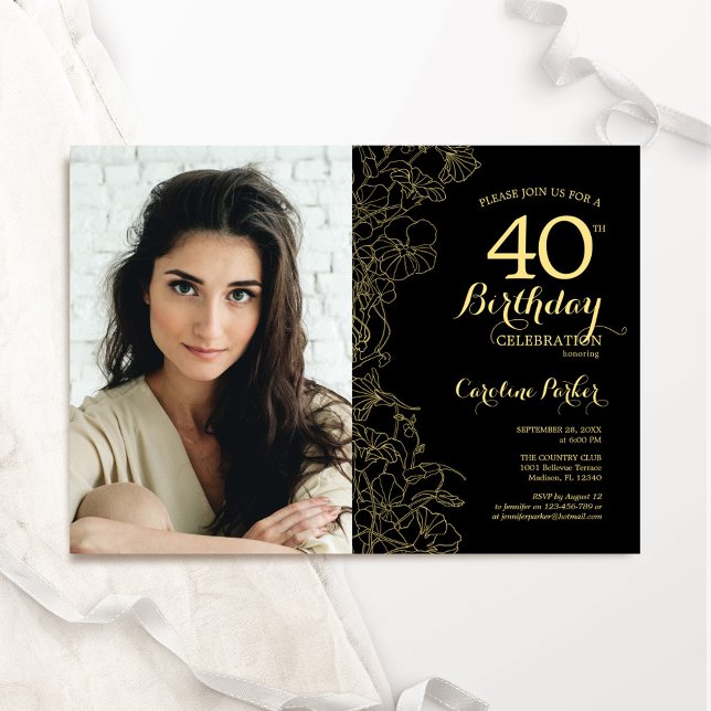 Elegant Black Gold Floral Photo 40th Birthday Invitation (Creator Uploaded)
