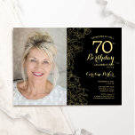 Elegant Black Gold Floral Photo 70th Birthday Invitation<br><div class="desc">Black gold floral 70th birthday party invitation with your photo on the front of the card. Minimalist modern design featuring botanical outline drawings accents, faux gold foil and typography script font. Simple trendy invite card perfect for a stylish female bday celebration. Can be customised to any age. Printed Zazzle invitations...</div>
