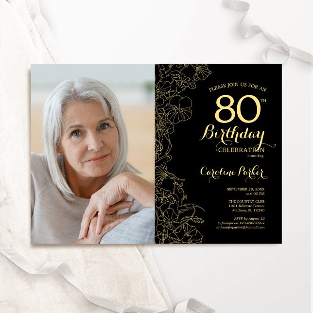 Elegant Black Gold Floral Photo 80th Birthday Invitation (Creator Uploaded)