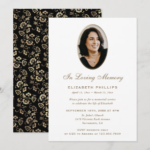 Elegant Black Gold Floral Photo Memorial Invitation
