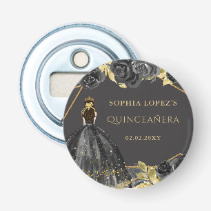 Elegant Black Gold Floral Princess Quinceanera  Bottle Opener