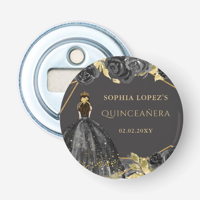 Elegant Black Gold Floral Princess Quinceanera  Bottle Opener (Front)