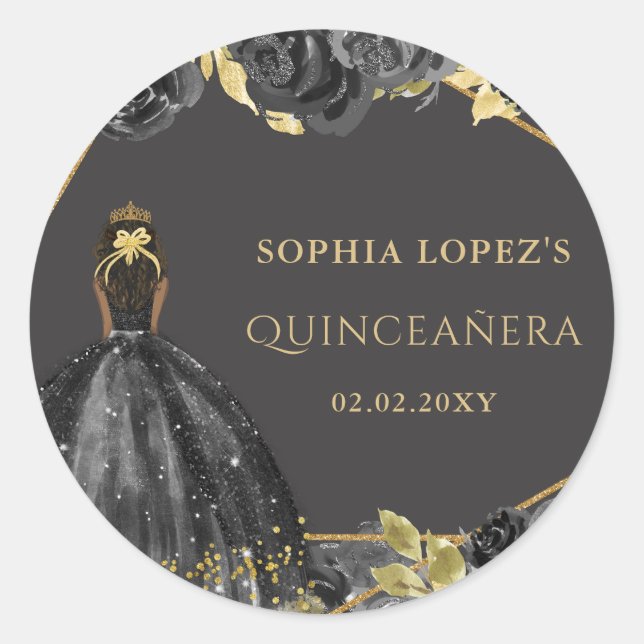 Elegant Black Gold Floral Princess Quinceanera  Classic Round Sticker (Front)