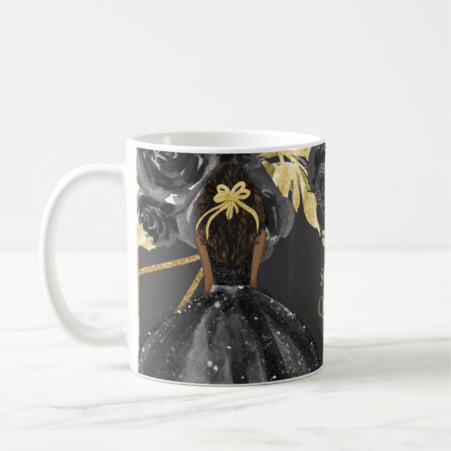 Elegant Black Gold Floral Princess Quinceanera   Coffee Mug (Left)