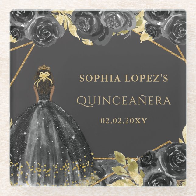 Elegant Black Gold Floral Princess Quinceanera  Glass Coaster (Front)