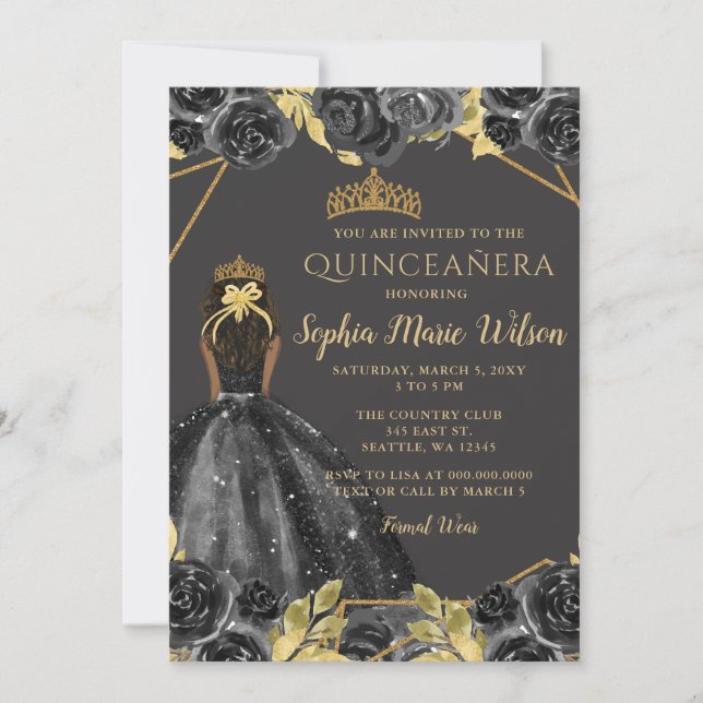 Elegant Black Gold Floral Princess Quinceañera Invitation (Front)