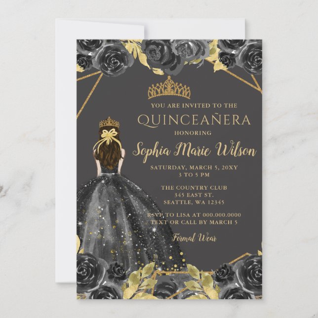 Elegant Black Gold Floral Princess Quinceañera Invitation (Front)