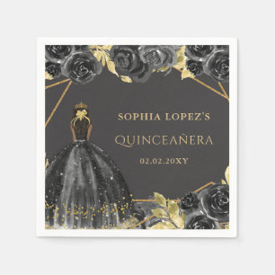 Elegant Black Gold Floral Princess Quinceanera  Napkin