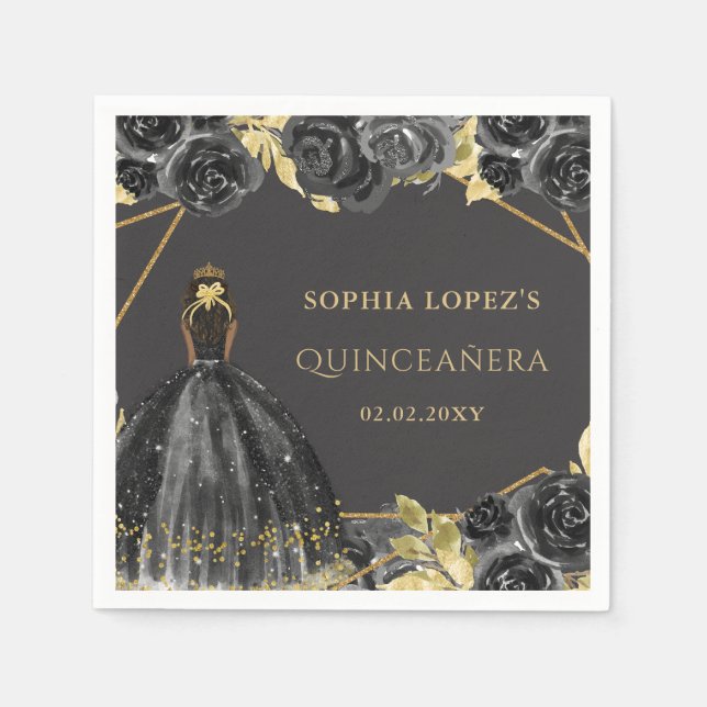 Elegant Black Gold Floral Princess Quinceanera  Napkin (Front)