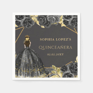 Elegant Black Gold Floral Princess Quinceanera  Napkin