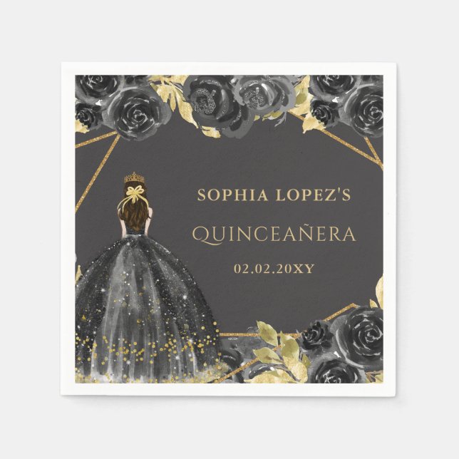 Elegant Black Gold Floral Princess Quinceanera  Napkin (Front)