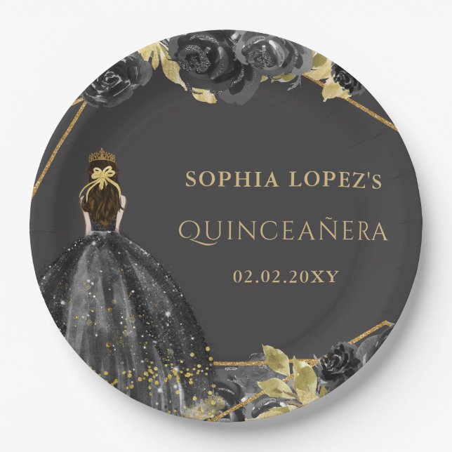 Elegant Black Gold Floral Princess Quinceanera  Paper Plate (Front)