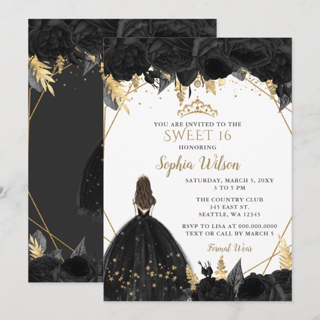Elegant Black Gold Floral Princess SWEET 16  Invitation (Front/Back)