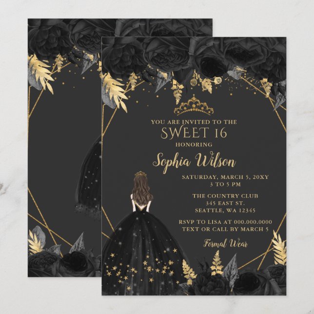 Elegant Black Gold Floral Princess SWEET 16  Invitation (Front/Back)