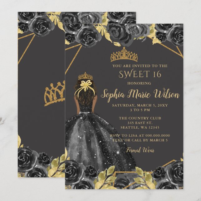 Elegant Black Gold Floral Princess SWEET 16  Invitation (Front/Back)