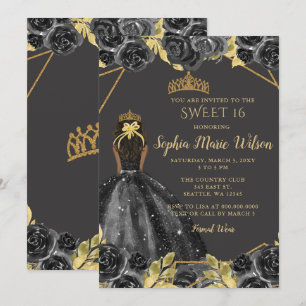 Elegant Black Gold Floral Princess SWEET 16  Invitation