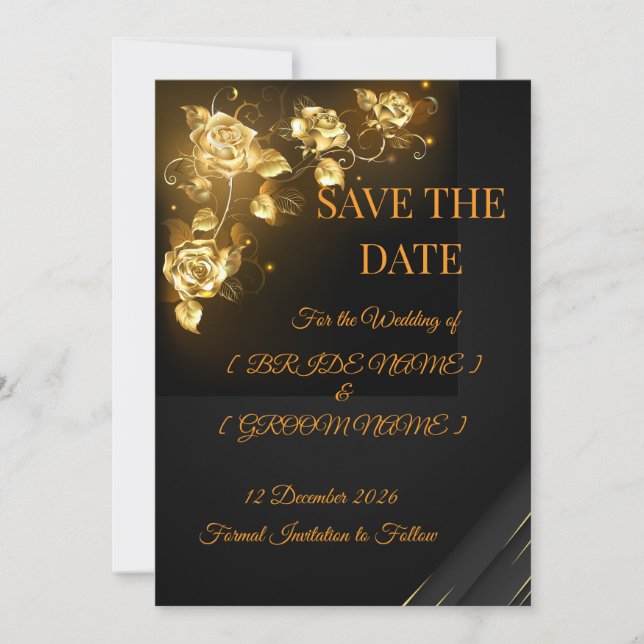 Elegant Black & Gold Floral Save the Date Card (Front)