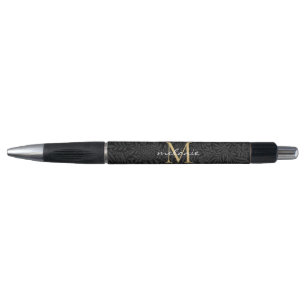 Elegant Black Gold Floral Script Monogram