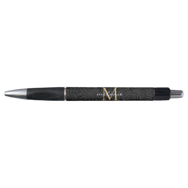 Elegant Black Gold Floral Script Monogram (Front)
