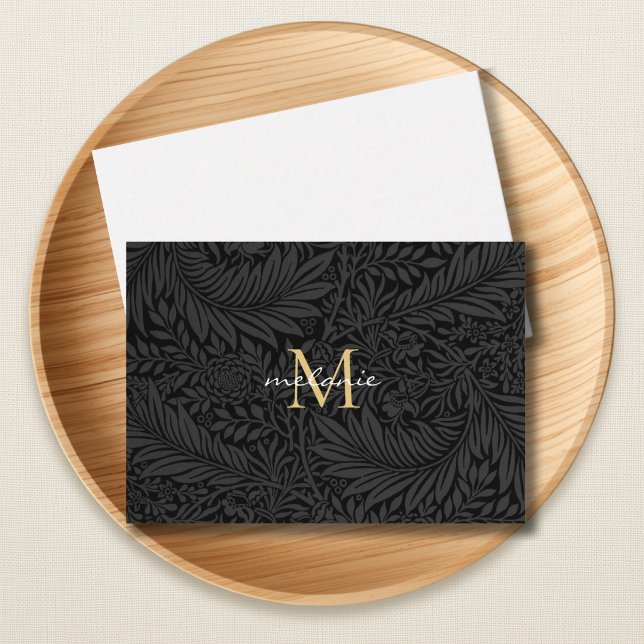 Elegant Black Gold Floral Script Monogram Card (Creator Uploaded)