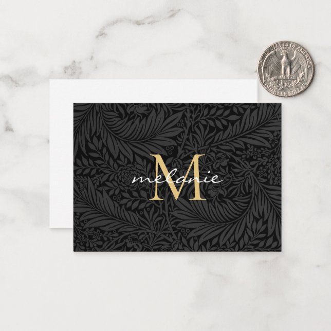 Elegant Black Gold Floral Script Monogram Card (Front/Back In Situ)