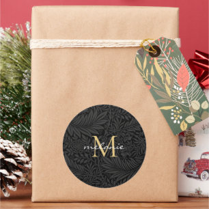 Elegant Black Gold Floral Script Monogram Classic Round Sticker